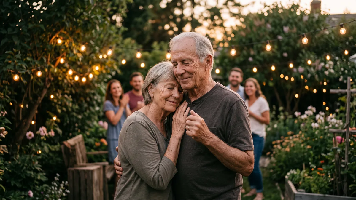 Elderly couple slow dancing in a garden under string lights at dusk while their family watches and claps