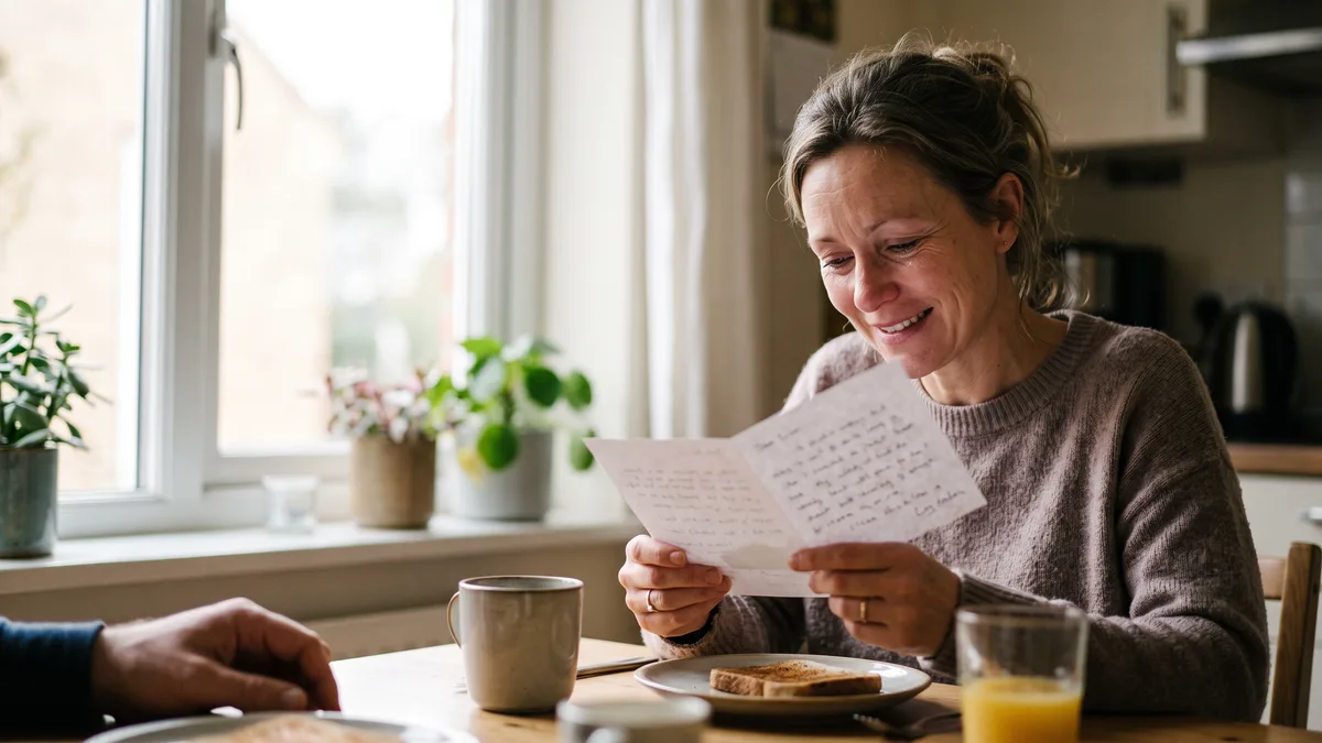 Esposa leyendo unos deseos de aniversario escritos a mano con una sonrisa emocionada en una mesa de desayuno soleada, con la mano de su marido apoyada al lado