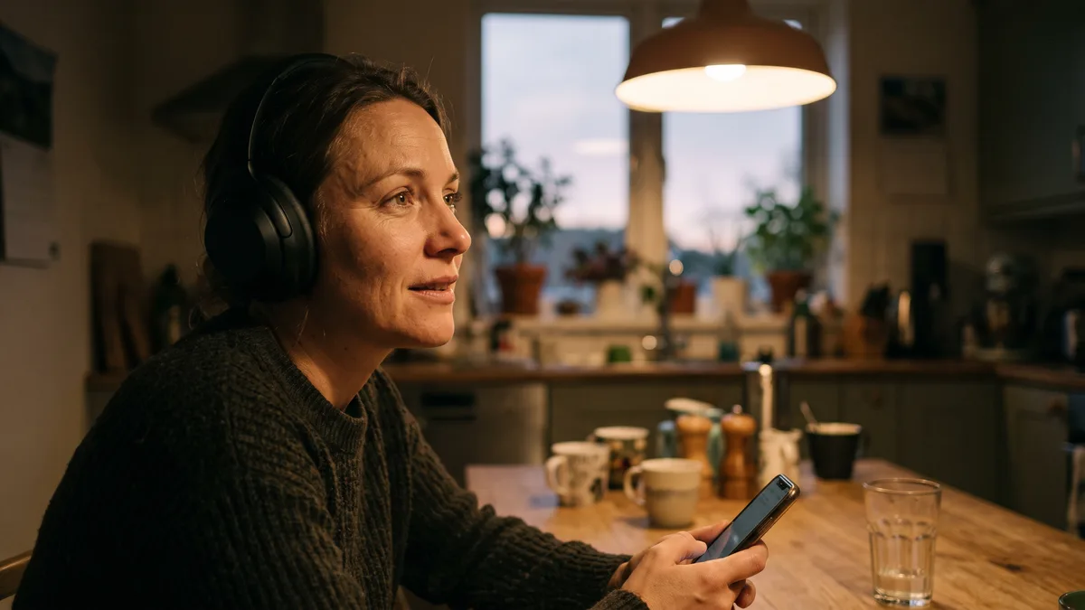 Woman in headphones listening to a custom song on her phone at a kitchen table under a warm pendant lamp at dusk