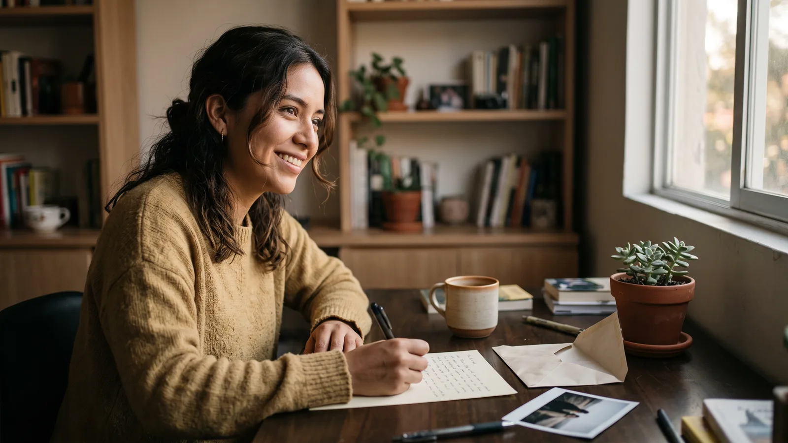 Mujer joven con suéter color mostaza sonriendo mientras escribe a mano una carta para su novio en un escritorio junto a la ventana, con un sobre y una taza al lado