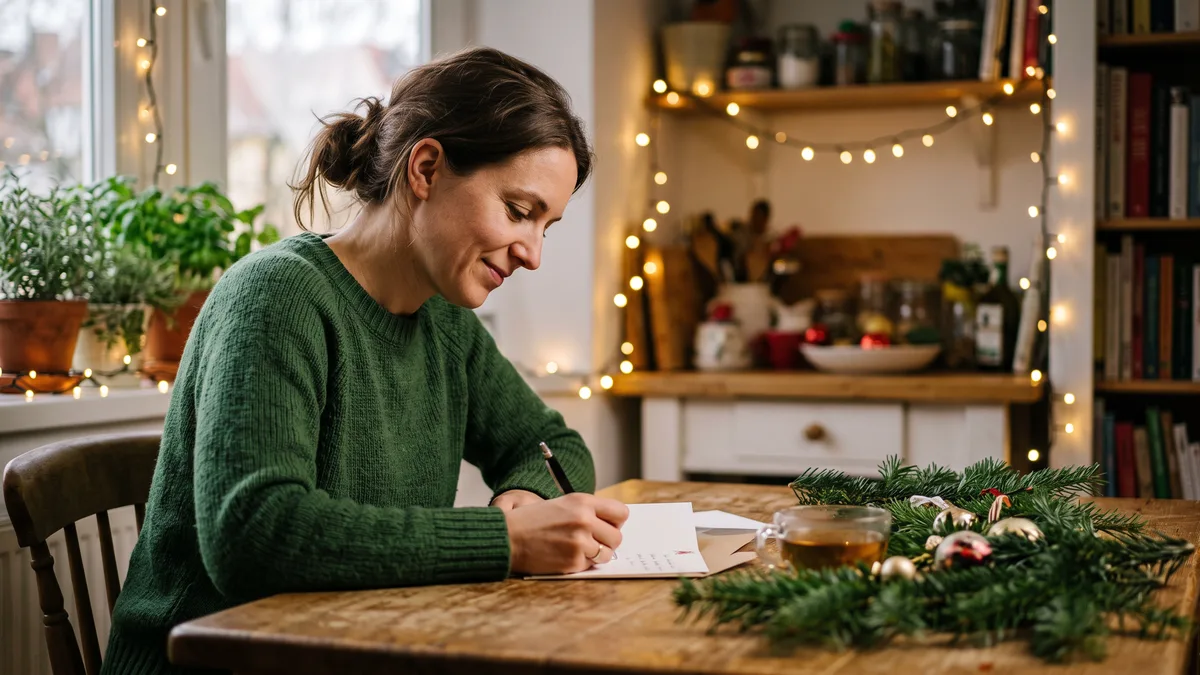Mujer escribiendo un mensaje de Navidad para su familia en una mesa de cocina de madera junto a ramas de pino y guirnaldas de luces cálidas