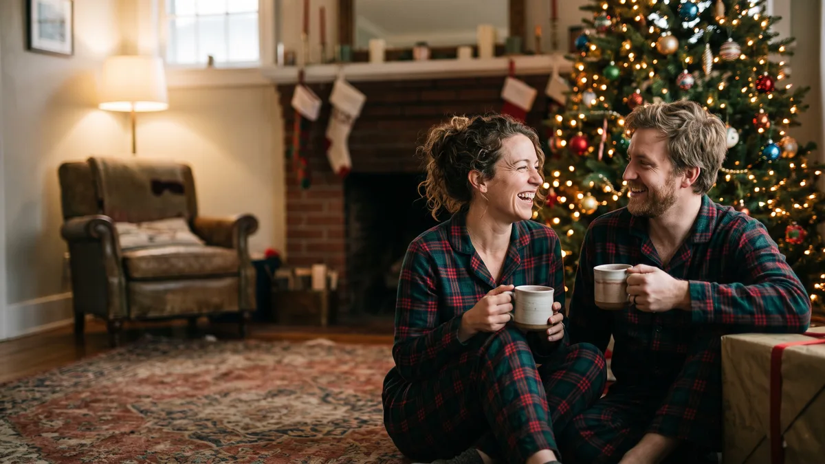 Couple in matching plaid pajamas laughing over mugs of hot chocolate beside a lit Christmas tree on Christmas Eve