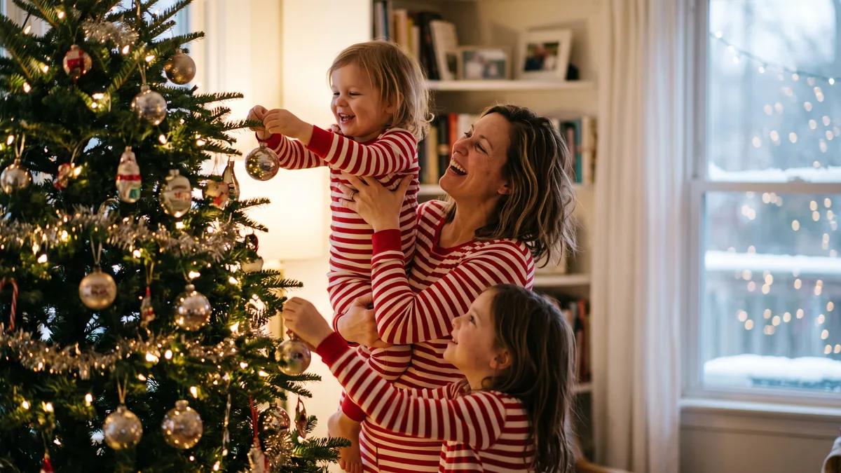 Mother lifting her toddler to hang an ornament on the Christmas tree while an older child watches, starting a new family Christmas tradition