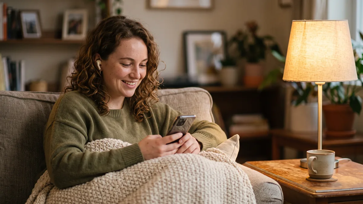 Woman with wireless earbuds smiling at her phone under a knit blanket on the sofa, listening to a music gift