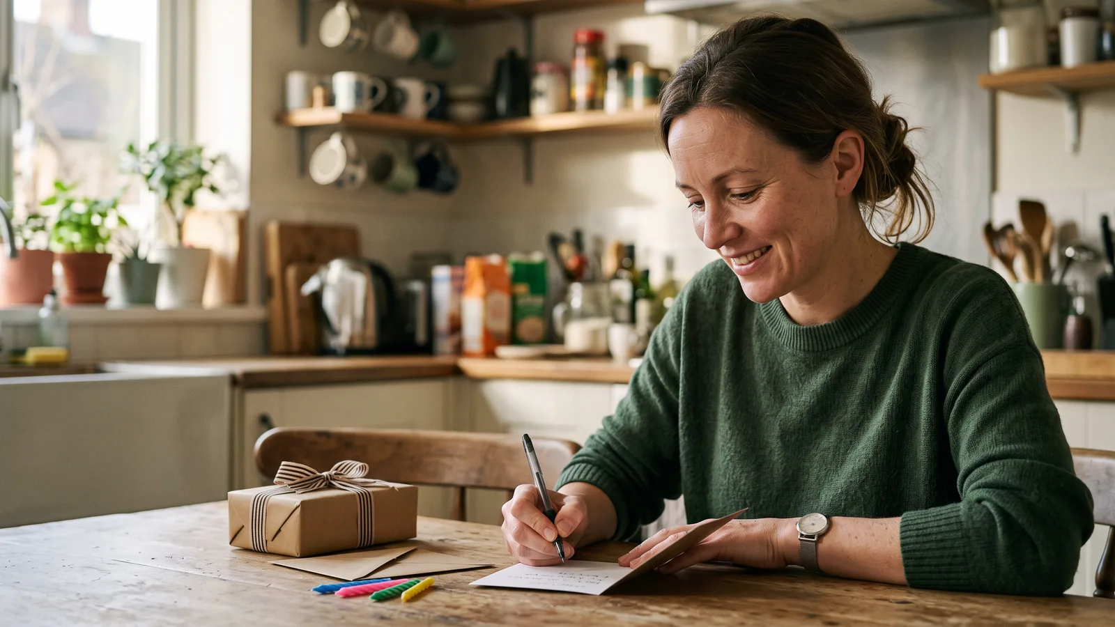 Mujer con suéter verde escribiendo a mano una felicitación de cumpleaños en la mesa de su cocina, junto a un regalo envuelto y unas velas de colores