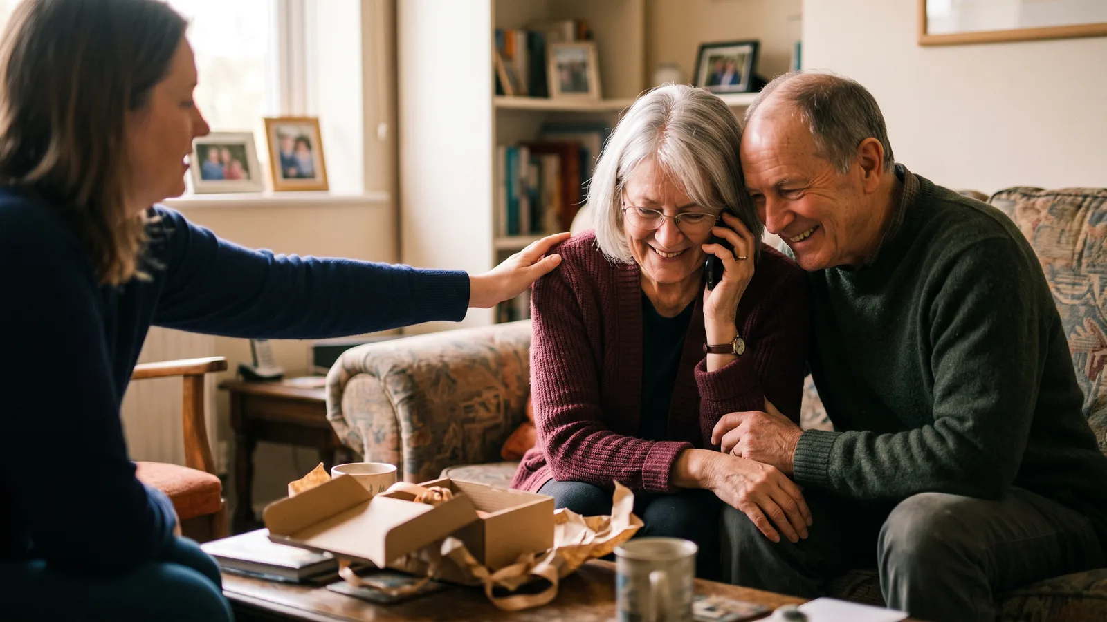 Elderly parents on their living-room sofa listening together to a phone call, smiling, with their daughter's hand on the mother's shoulder and an opened gift box on the table