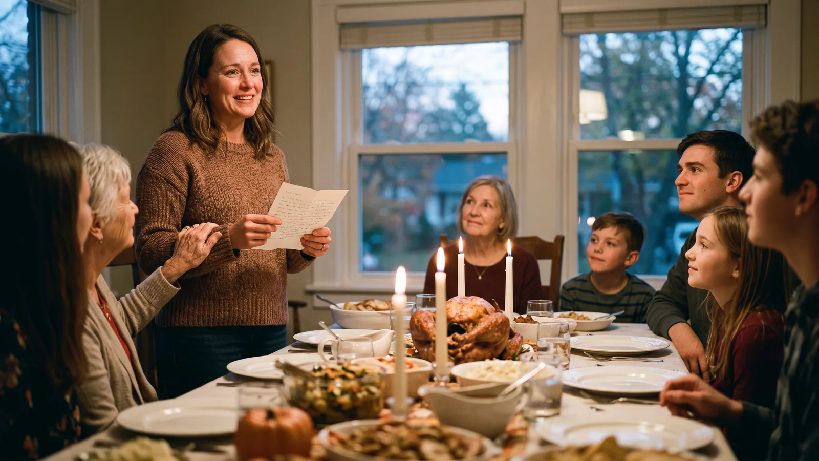 Woman standing at a candlelit Thanksgiving dinner table reading a handwritten message to her family, with her grandmother holding her hand