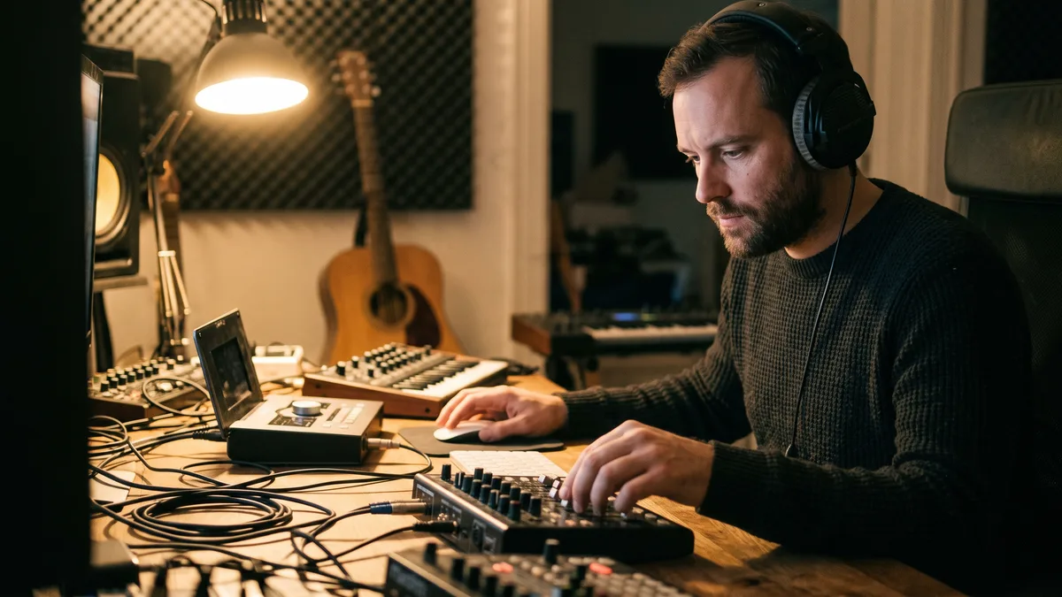 Music producer wearing headphones adjusting a mixing controller at a home studio desk with a guitar in the background