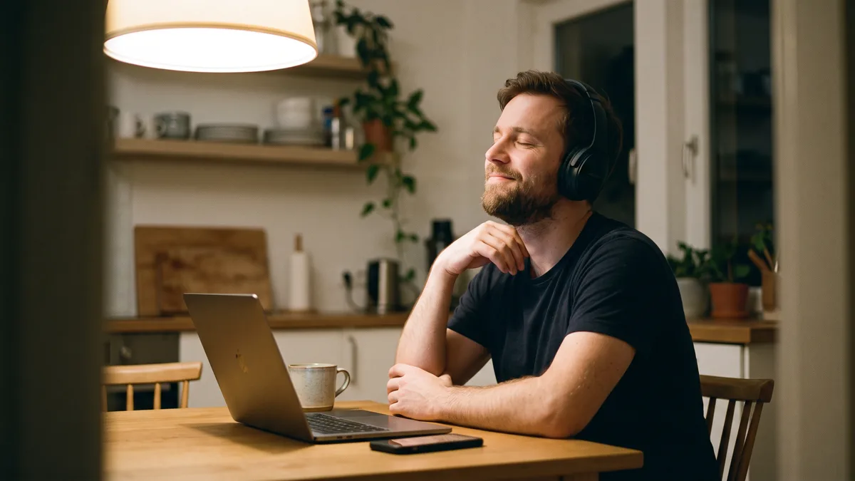 Man with a beard wearing headphones, eyes closed and smiling while listening to a custom song at his kitchen table