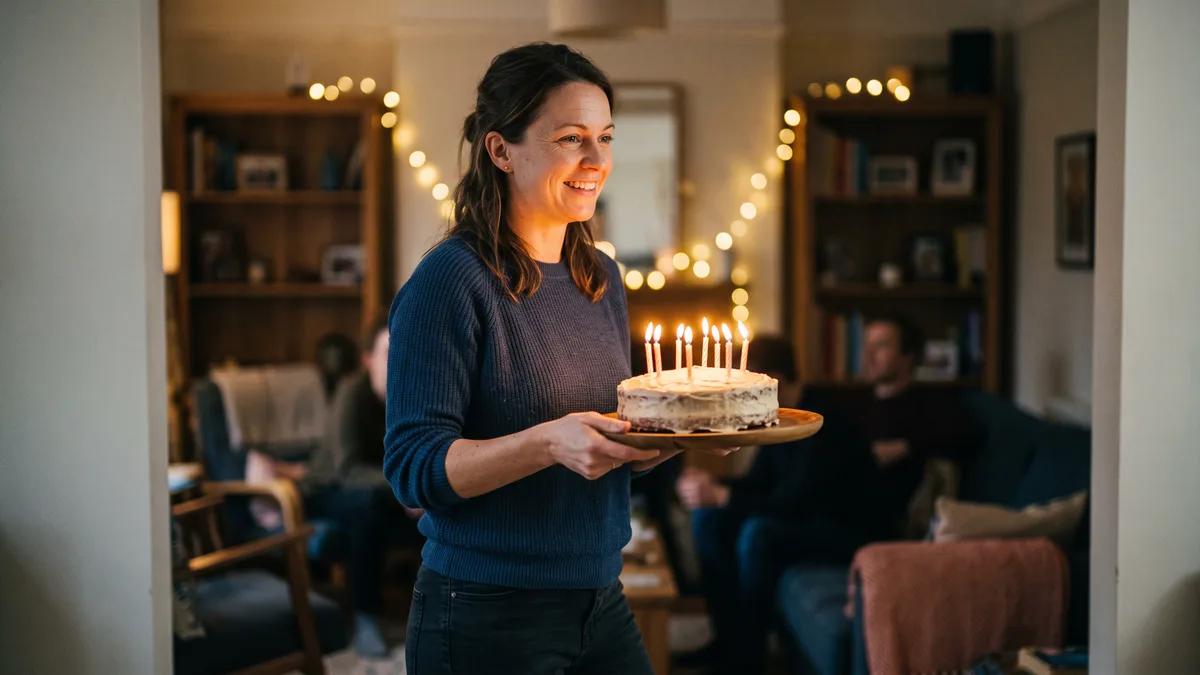 Woman carrying a birthday cake with lit candles through a living room decorated with string lights