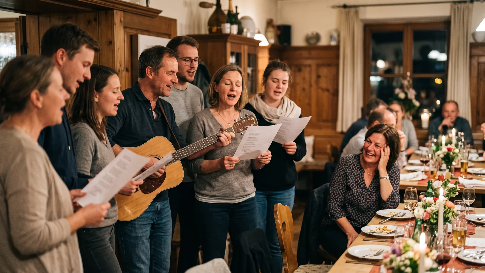 Familie singt bei einer Geburtstagsfeier im Gasthaus ein umgedichtetes Lied von Textblättern, begleitet von Gitarre, das Geburtstagskind lacht