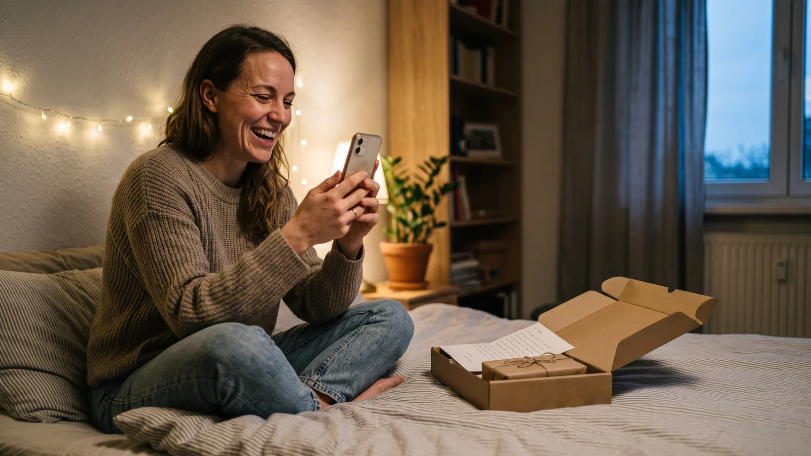 Woman laughing on a video call with her long-distance partner while sitting on her bed, an opened care package with a handwritten letter and a wrapped gift beside her