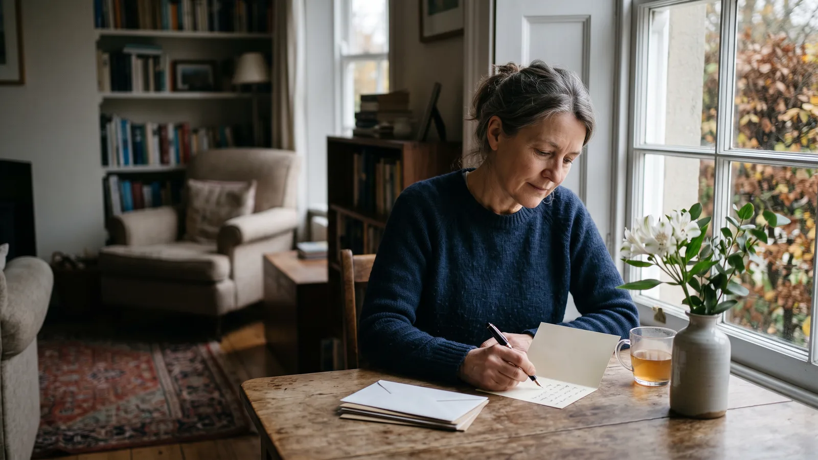 Femme en pull bleu marine qui écrit à la main un message de condoléances sur une carte, à une table en bois près de la fenêtre, à côté d’un bouquet de fleurs blanches et d’une tasse de thé