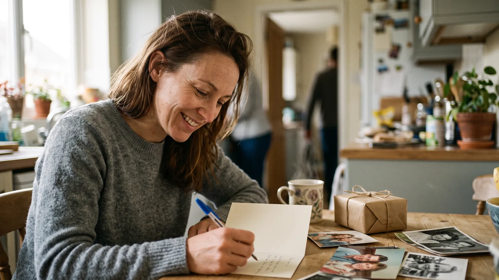 Frau schreibt lächelnd persönliche Glückwünsche zum Geburtstag in eine Karte, daneben ein Geschenk und alte Fotos