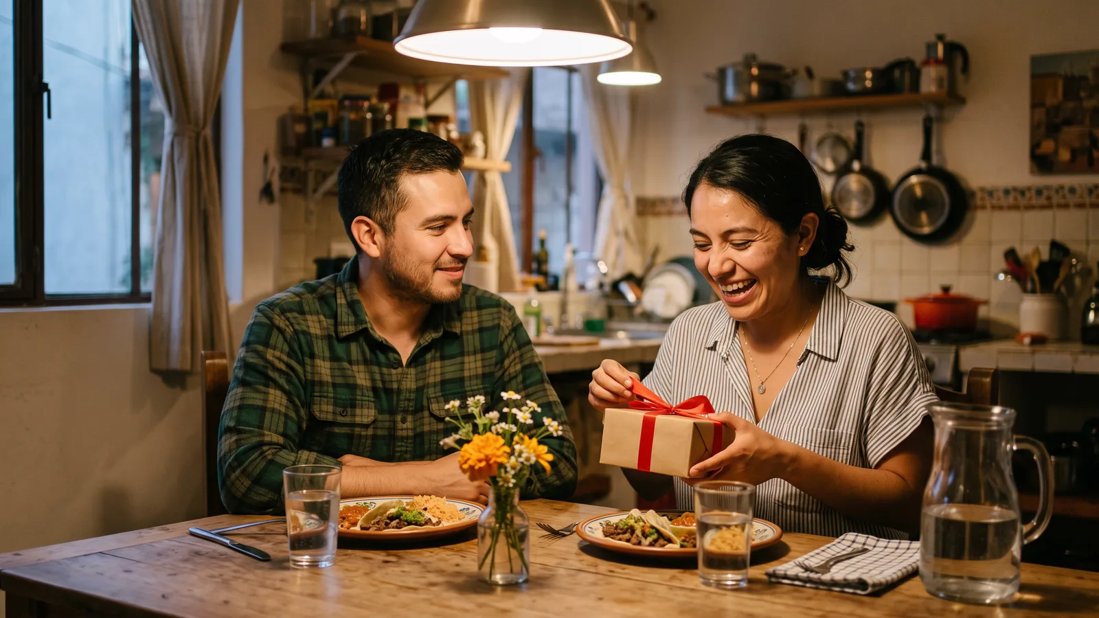 Pareja joven en la mesa de su cocina: ella ríe mientras desata el moño rojo de un regalo del 14 de febrero y él la mira sonriendo, junto a una cena casera