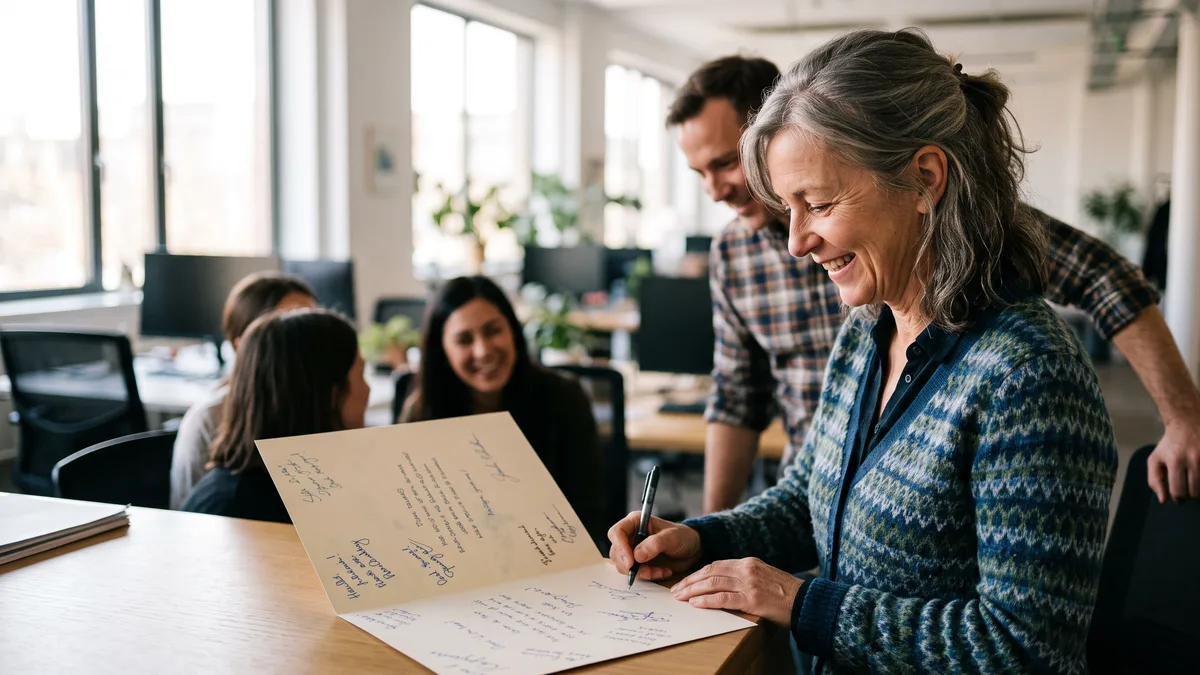 Coworkers gathered around an office desk adding handwritten retirement wishes to a large open card for a colleague