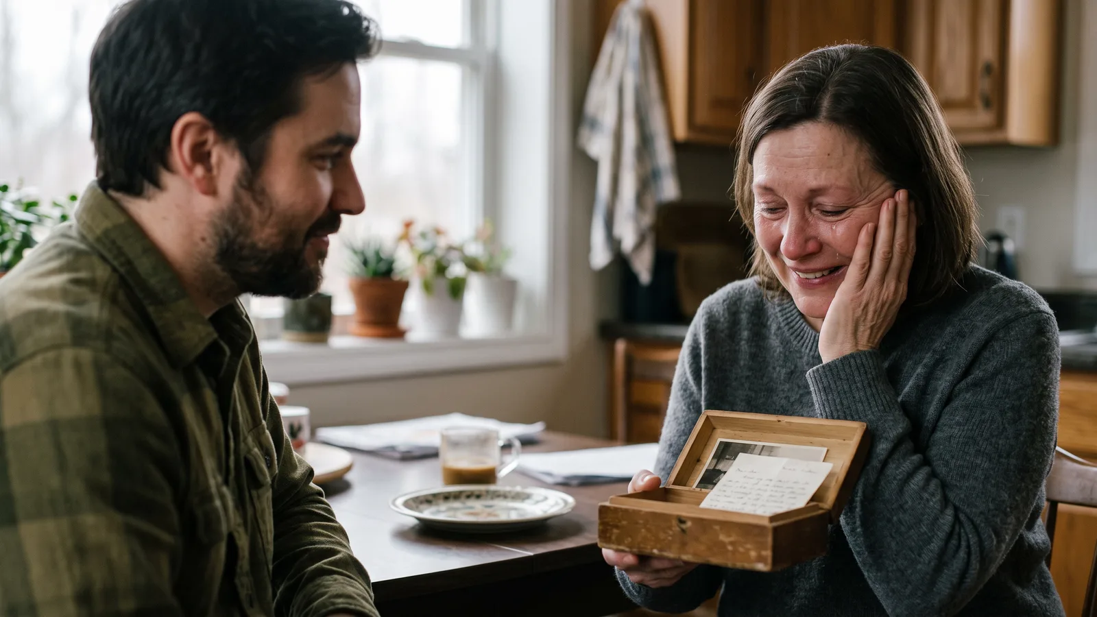 Mom at her kitchen table opening a small wooden keepsake box with an old photo and a handwritten letter, moved to tears while her son watches