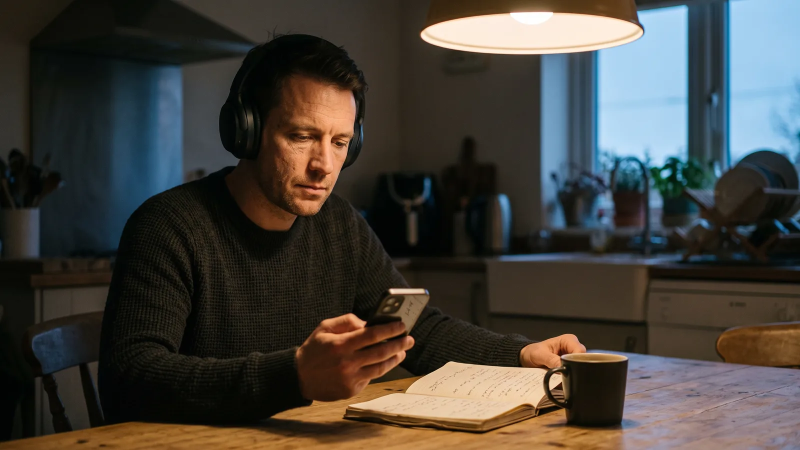 Man in his thirties at a wooden kitchen table in the evening, wearing headphones and looking at his phone while weighing Songfinch alternatives, with an open notebook and a mug under a warm pendant lamp