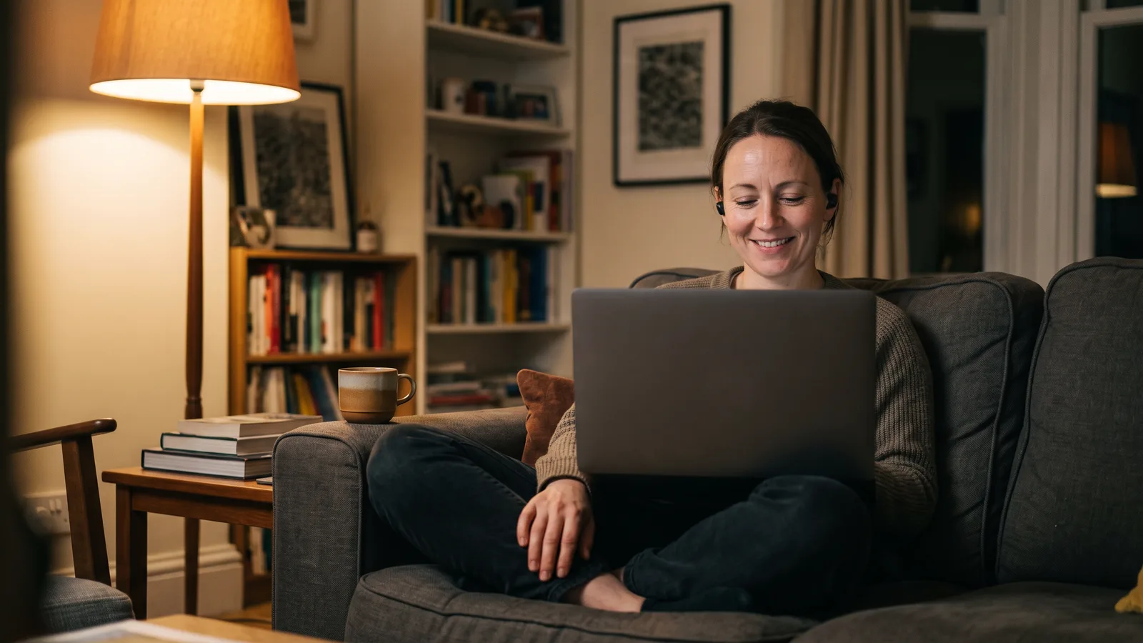 Woman curled up on a grey sofa in a lamp-lit living room, earbuds in and a laptop on her knees, smiling as she listens while comparing Songlorious alternatives