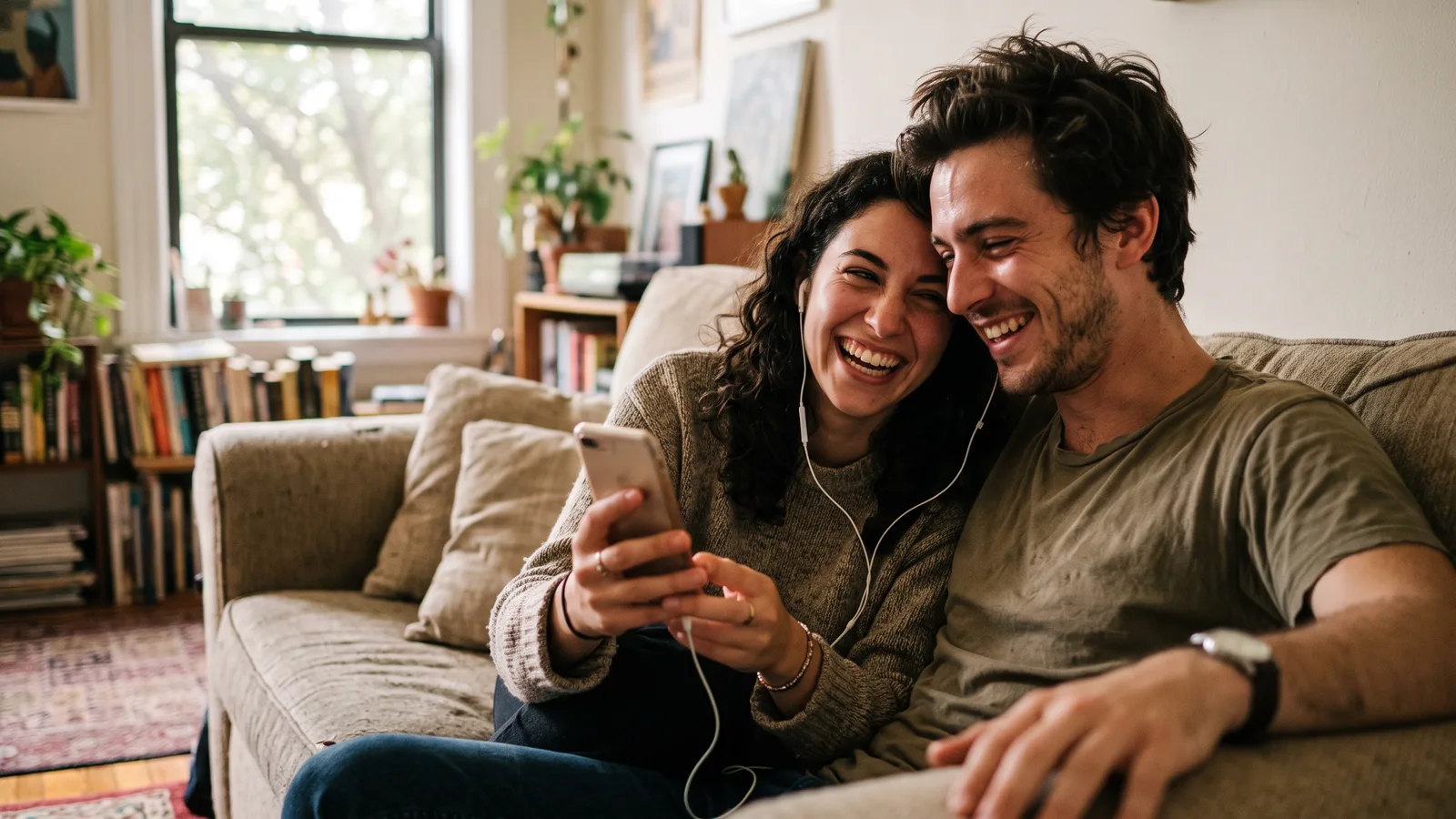Two friends laughing on a sofa while sharing one pair of earbuds from a single phone, listening to a song from one of the Songoven alternatives in a bright living room