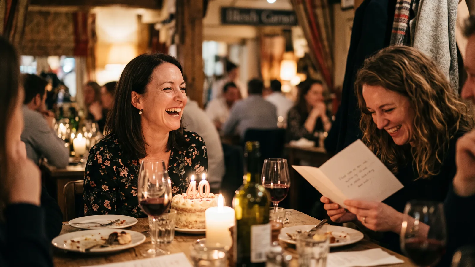 Frau feiert ihren 40. Geburtstag mit Freundinnen im Restaurant und lacht, während eine Freundin Sprüche aus der Karte vorliest