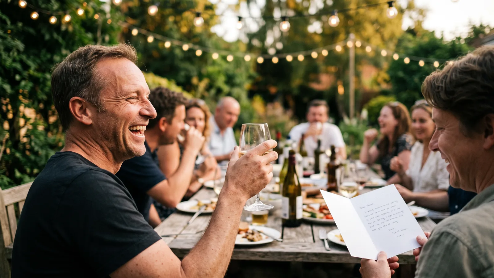 Mann feiert seinen 50. Geburtstag mit Freunden im Garten und lacht, während ein Freund Sprüche aus der Karte vorliest