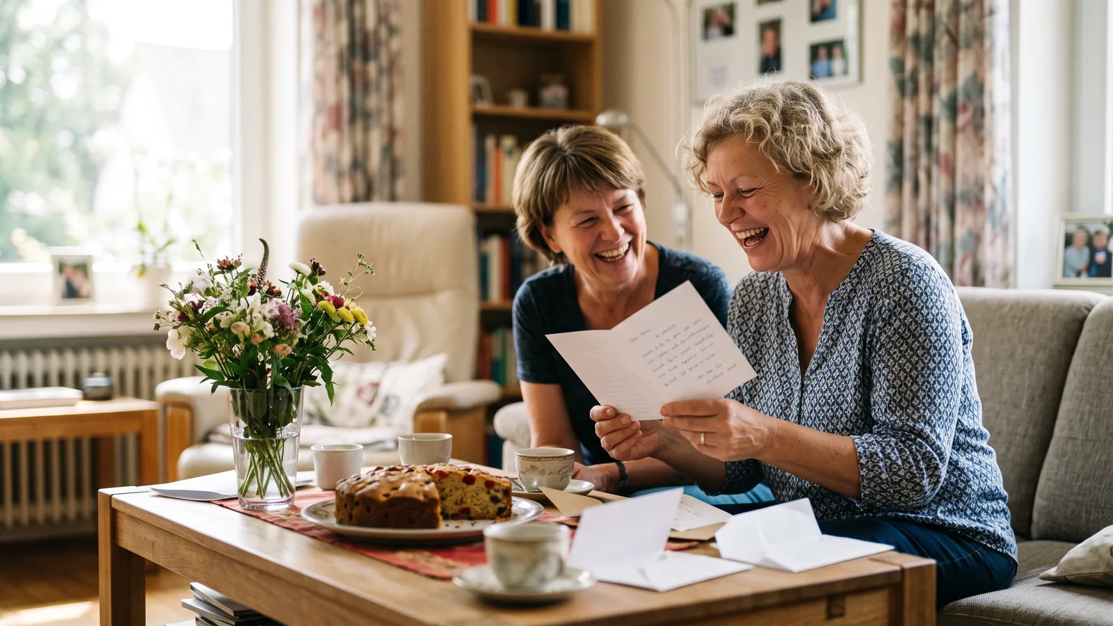 Zwei Frauen lachen am Kaffeetisch über eine Karte mit Sprüchen zum 60. Geburtstag, daneben Kuchen und Blumen