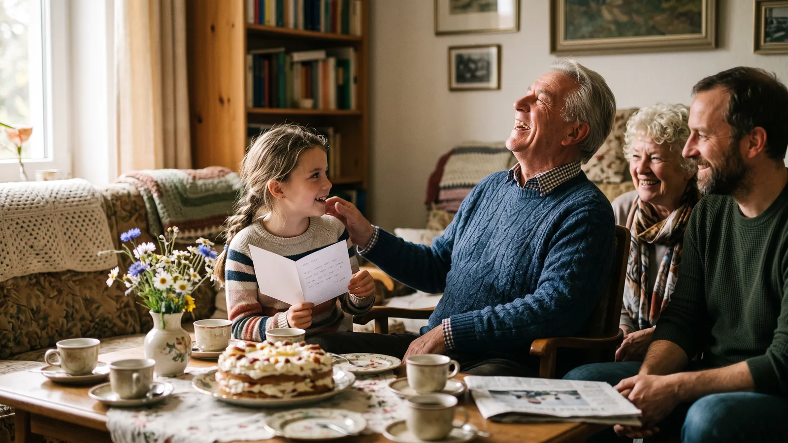 Großvater lacht an seinem 70. Geburtstag, während seine Enkelin ihm Sprüche aus einer Karte vorliest