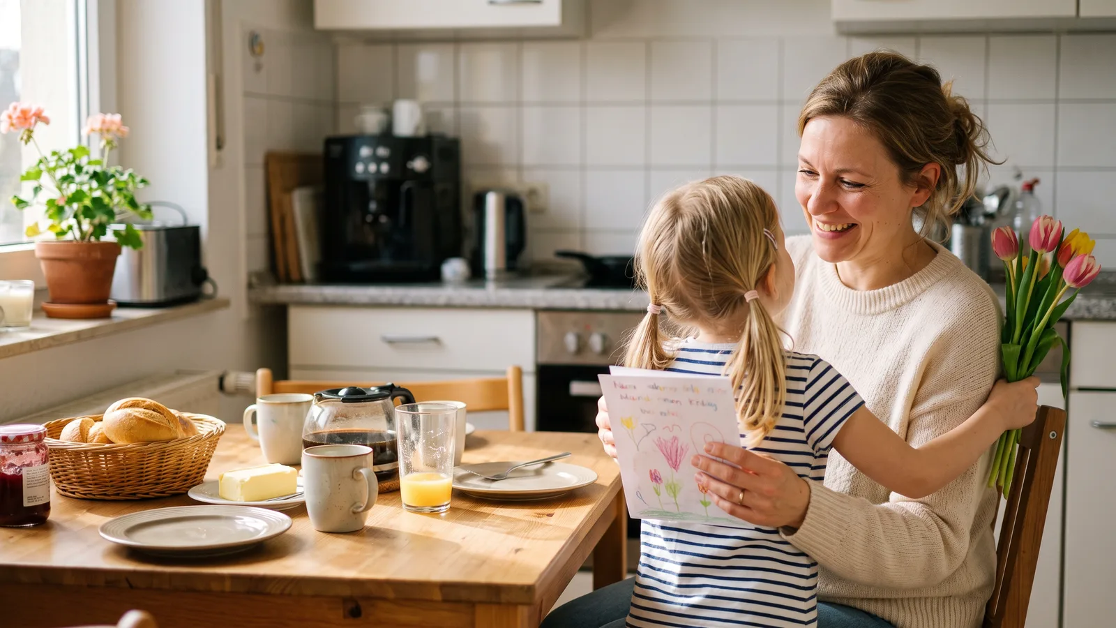 Kleine Tochter umarmt ihre Mutter am Frühstückstisch und zeigt ihr eine selbst gemalte Karte zum Muttertag, die Mutter hält Tulpen