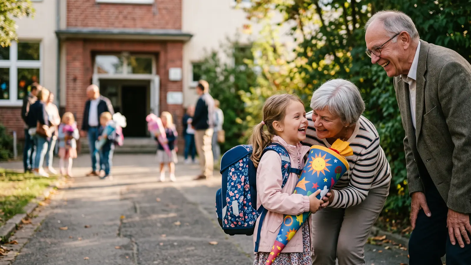 Mädchen mit Schultüte und Ranzen umarmt am ersten Schultag ihre Oma, der Opa schaut lächelnd zu