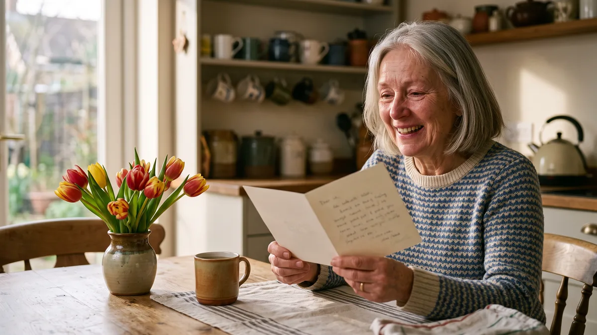 Smiling mom with gray hair reading a handwritten thank-you card at her kitchen table, tulips and a mug of tea beside her