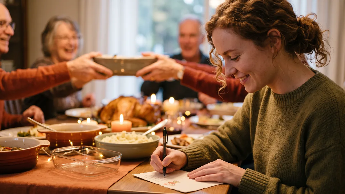 Young woman writing a gratitude card at a Thanksgiving dinner table while her family passes dishes