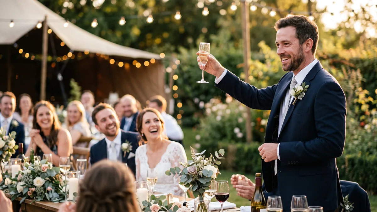 Invitado a una boda levantando una copa de champán durante un brindis en un banquete de jardín a la hora dorada mientras los novios se ríen