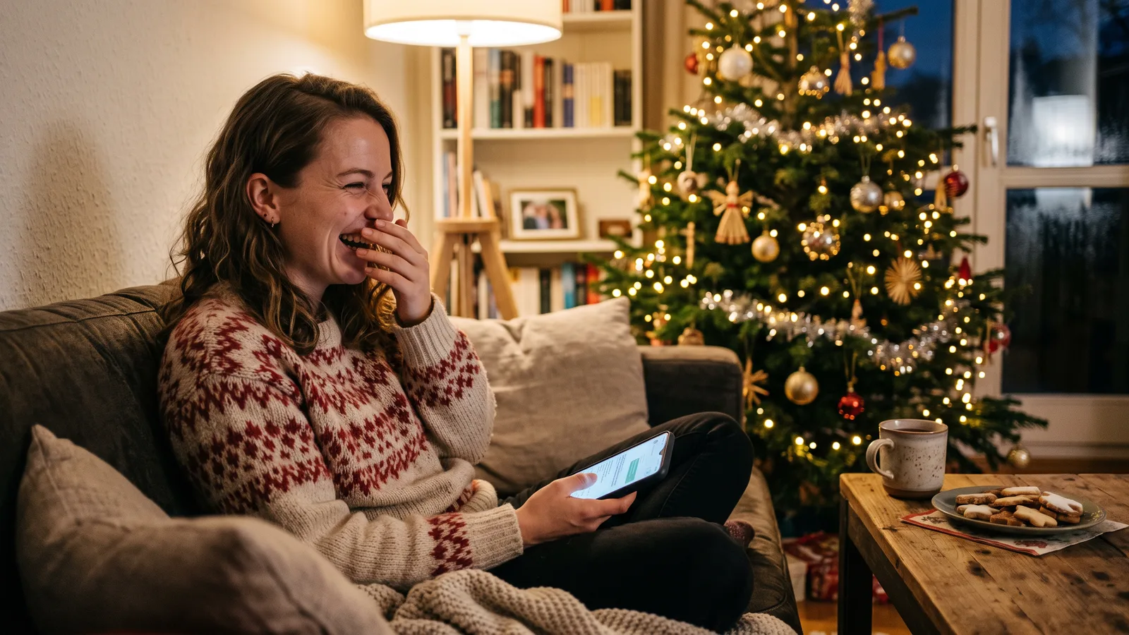 Junge Frau im Norwegerpullover lacht auf dem Sofa über lustige Weihnachtsgrüße auf ihrem Handy, daneben ein geschmückter Weihnachtsbaum und Plätzchen