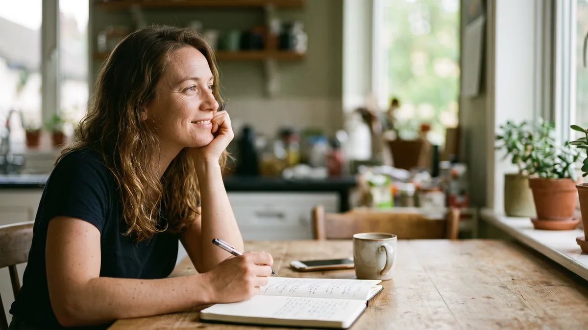Woman smiling and looking out the kitchen window while writing notes for a custom song in her notebook