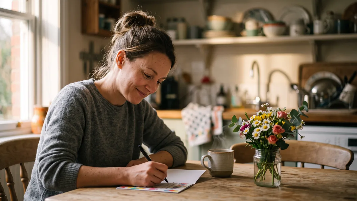 Mujer escribiendo una tarjeta de cumpleaños para su madre en la mesa de la cocina iluminada por el sol, con una taza de café y un ramito de flores
